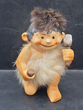 Vintage Japan Caveman Figure Fur Hair 5” Kitsch Novelty Figurine